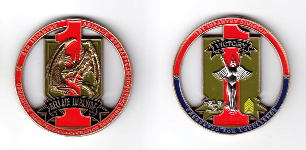 Round shaped coin, antique brass in color, 2 inches in diameter.