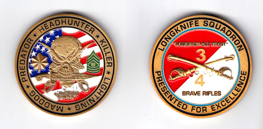 Round shaped coin, antique brass in color, 2 inches in diameter.