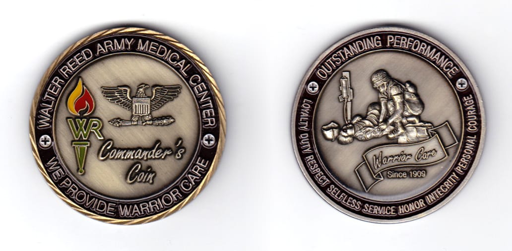 Round shaped coin, antique brass in color, 2 inches in diameter.