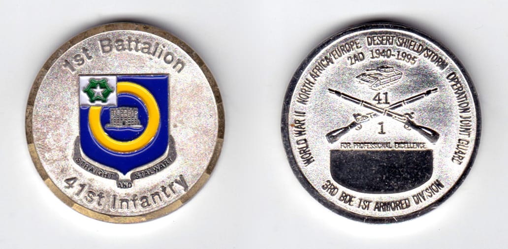 Round shaped coin, silver in color, 1 5/8 inches in diameter.