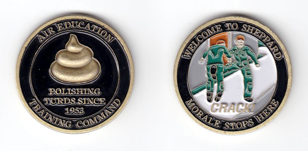 Round shaped coin, antique brass in color, 1 5/8 inches in diameter.