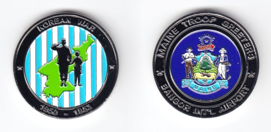 Round shaped coin, silver in color, 1 1/2 inches in diameter.