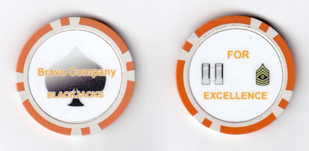 Round shaped poker ship, orange and white in color, 1 1/2 inches in diameter.