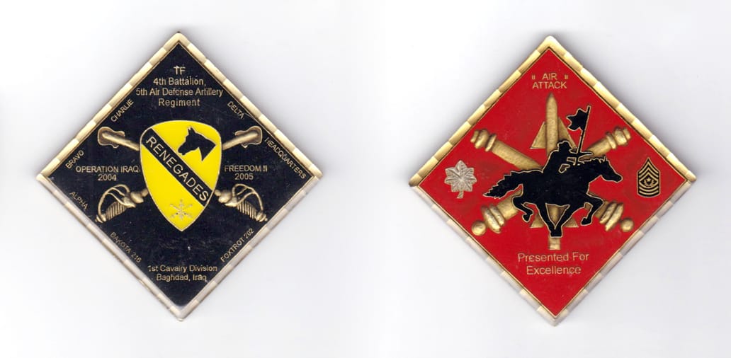 Square shaped coin, point down, antique brass in color, 2 1/2 inches high x 2 1/2 inches wide.