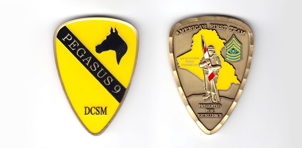 Shield shaped coin, antique brass in color, 2 inches high x 1 1/2 inches wide.