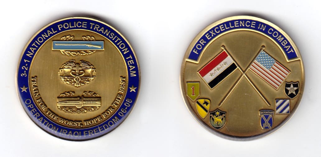 Rround shaped coin, brass in color, 1 1/2 inches in diameter.