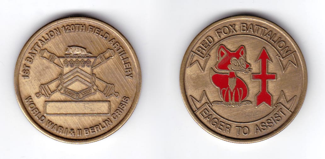 Round shaped coin, antique brass in color, 1 5/8 inches in diameter.