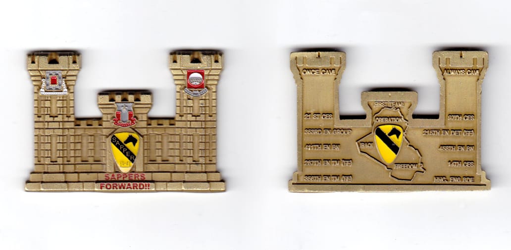 Casle shaped coin, antique brass in color, 1 5/8 inches high x 2 1/2 inches wide.