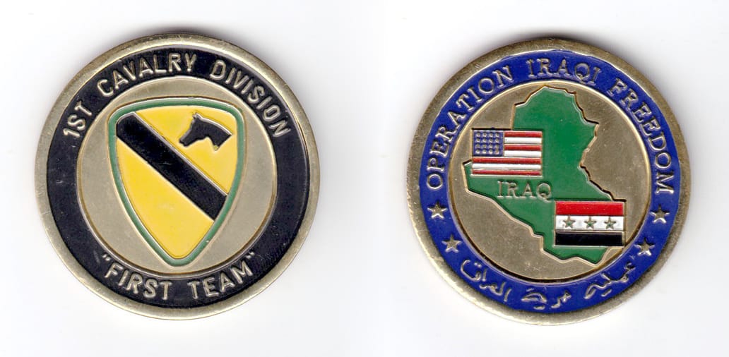 Round shaped coin, brass in color, 1 3/4 inches in diameter.