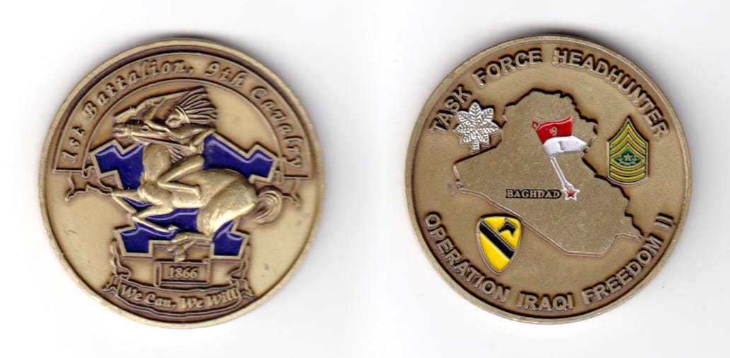 Round shaped coin, antique brass in color, 1 3/4 inches in diameter.