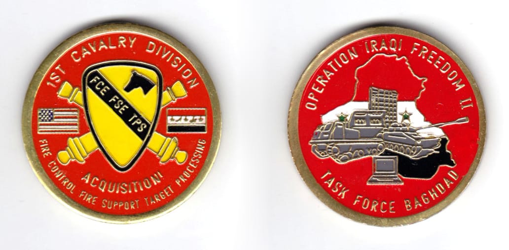 Round shaped coin, brass in color, 1 3/4 inches in diameter.