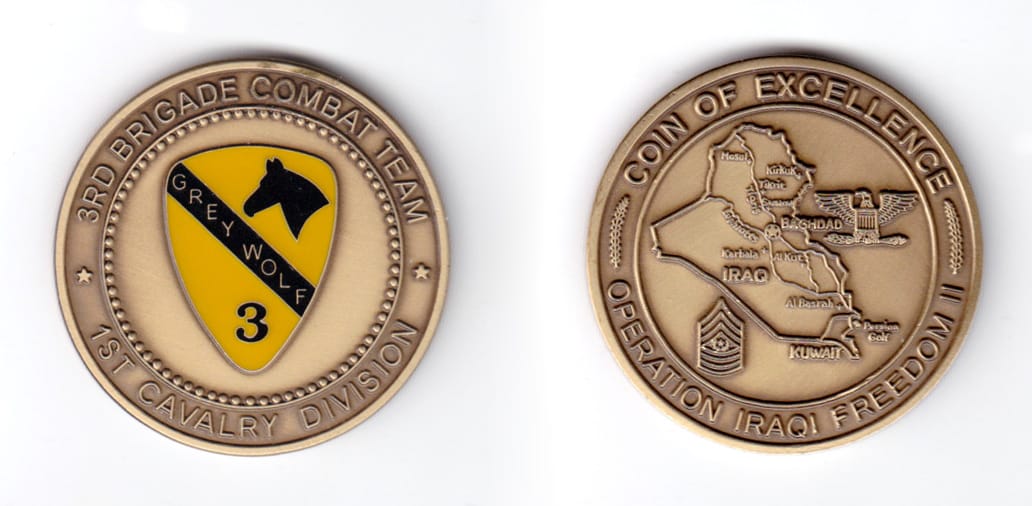 Round shaped coin, antique brass in color, 1 3/4 inches in diameter.