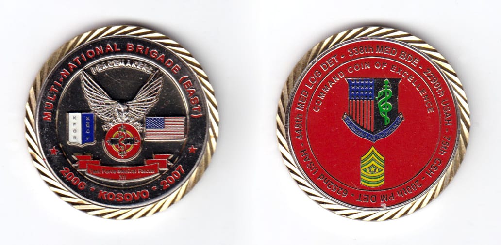 Round shaped coin, brass in color, 1 1/2 inches in diameter.