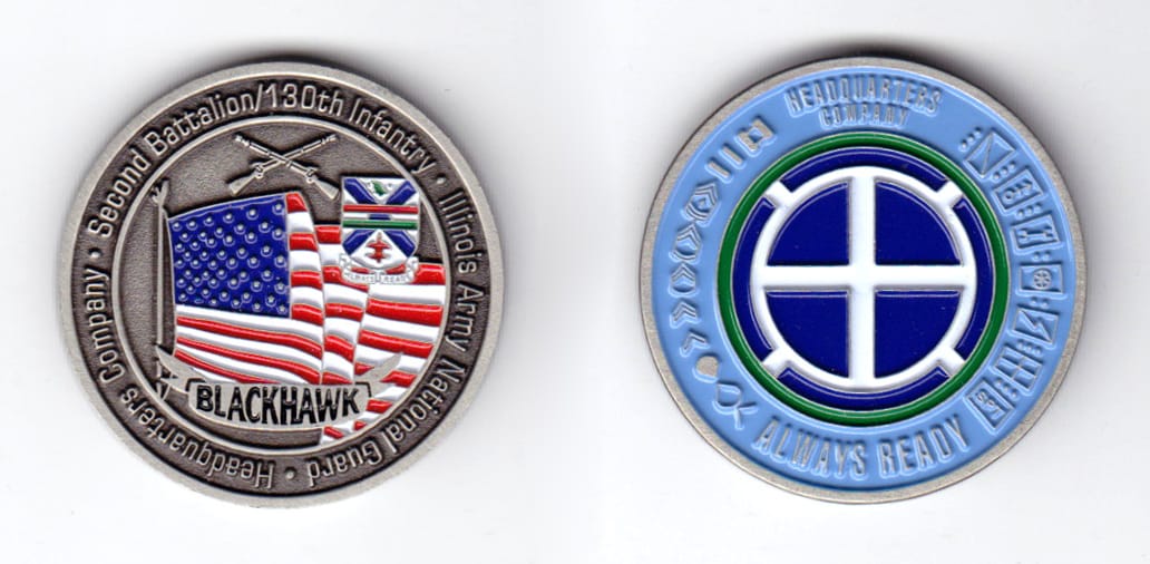 Round shaped coin, antique pewter in color, 1 1/2 inches in diameter.