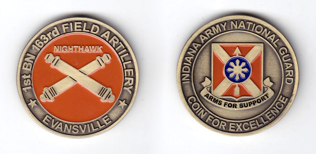 Round shaped coin, antique brass in color, 1 1/2 inches in diameter.