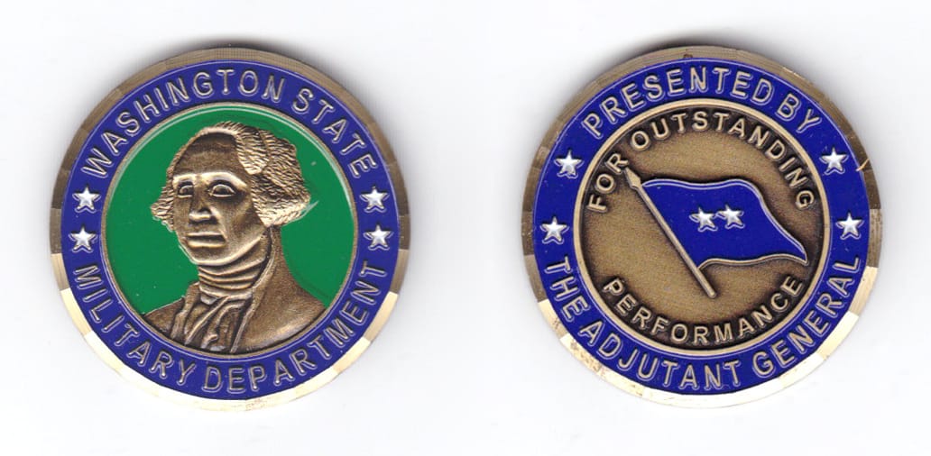 Round shaped coin, brass in color, 1 1/2 inches in diameter.