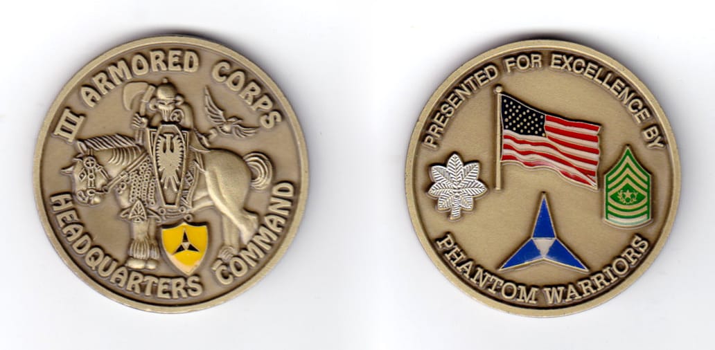 Round shaped coin, antique brass in color, 1 3/4 inches in diameter.