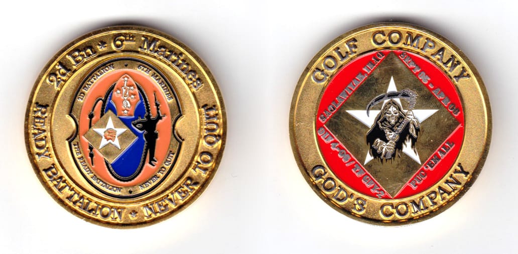 Round shaped coin, brass in color, 1 3/4 inches in diameter.