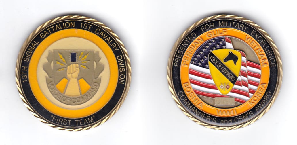 Round shaped coin, antique brass in color, 2 inches in diameter.