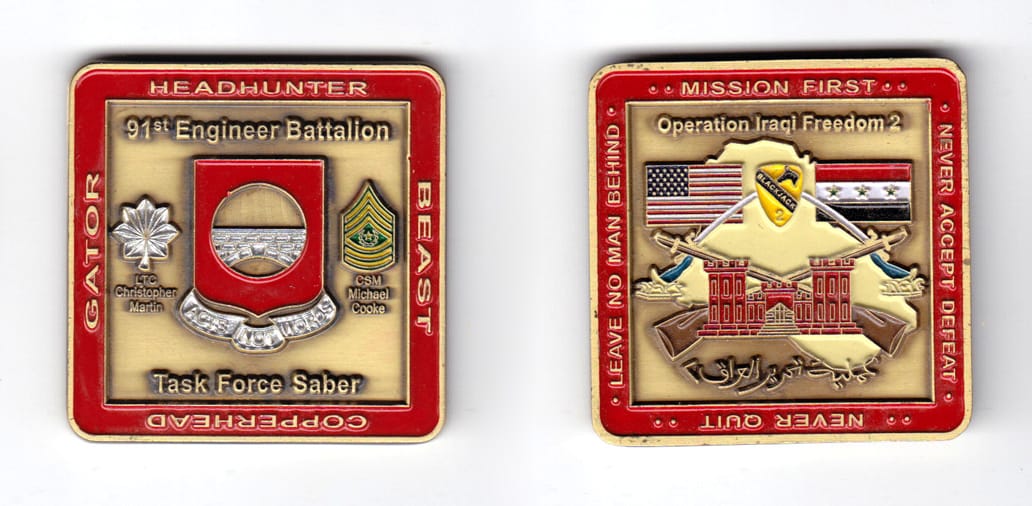 Square shaped coin, antique brass in color, 2 inches high x 2 inches wide.