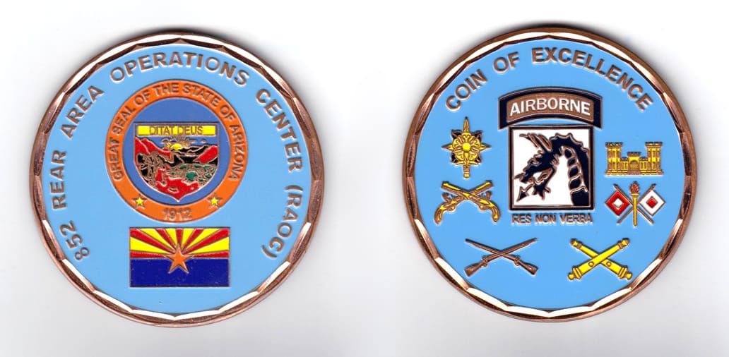 Round shaped coin, copper in color, 3 inches in diameter.