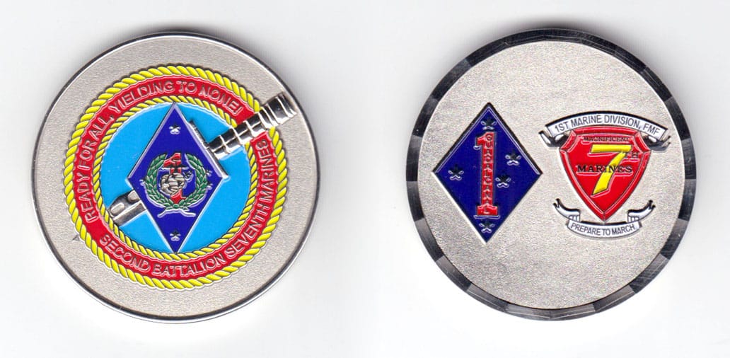 Round shaped coin, pewter in color, 1 3/4 inches in diameter.