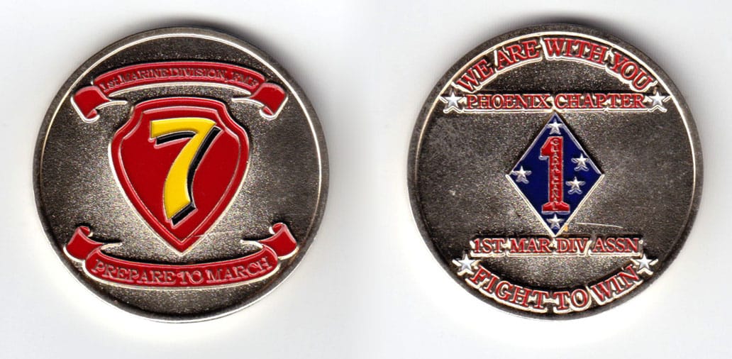 Round shaped coin, brass in color, 1 5/8 inches in diameter.