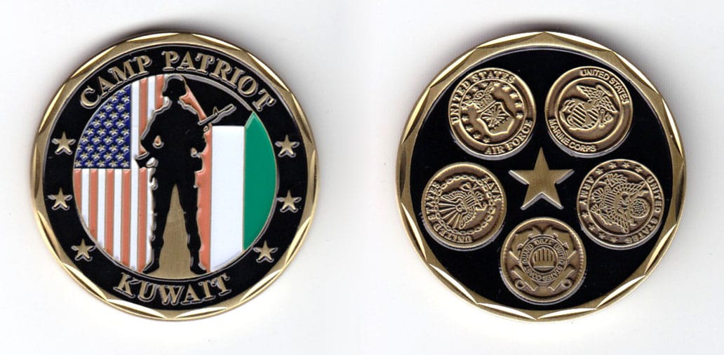 Round shaped coin, brass in color, 1 5/8 inches in diameter.