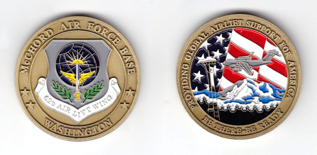 Round shaped coin, antique brass in color, 1 5/8 inches in diameter.