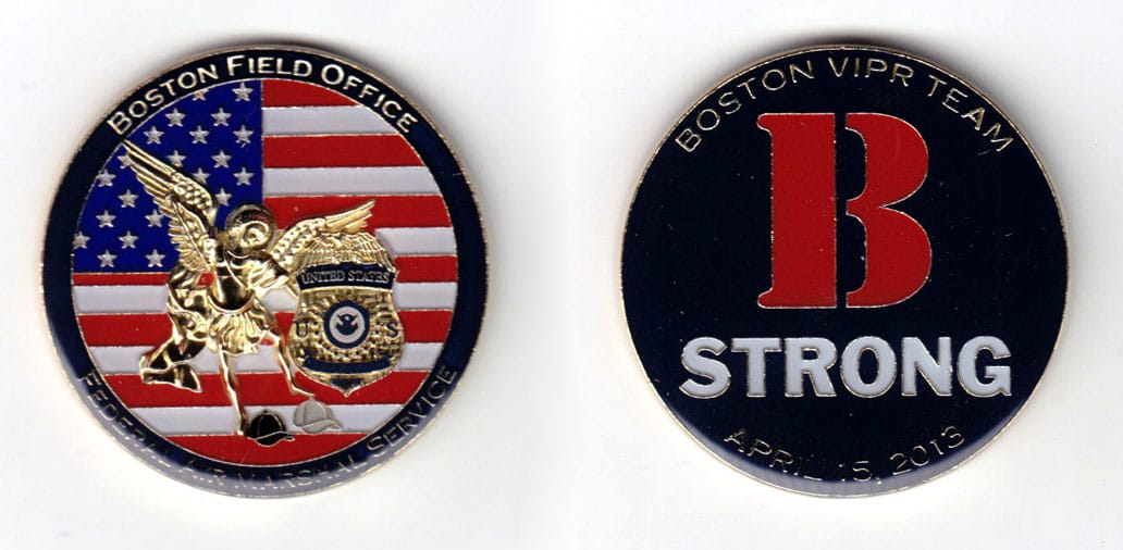 Round shaped coin, brass in color, 1 3/4 inches in diameter.