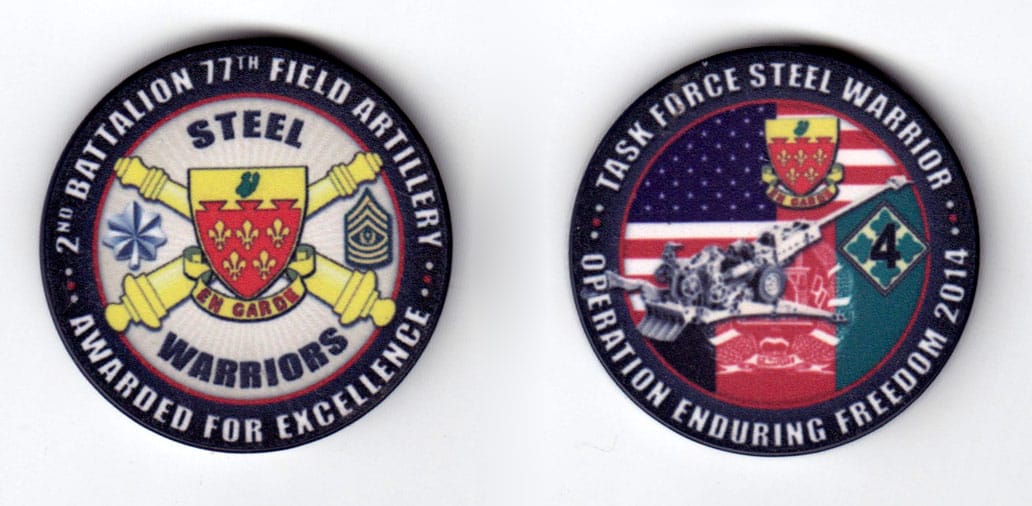 Round shaped poker chip, blue & white in color, 1 3/4 inches in diameter.