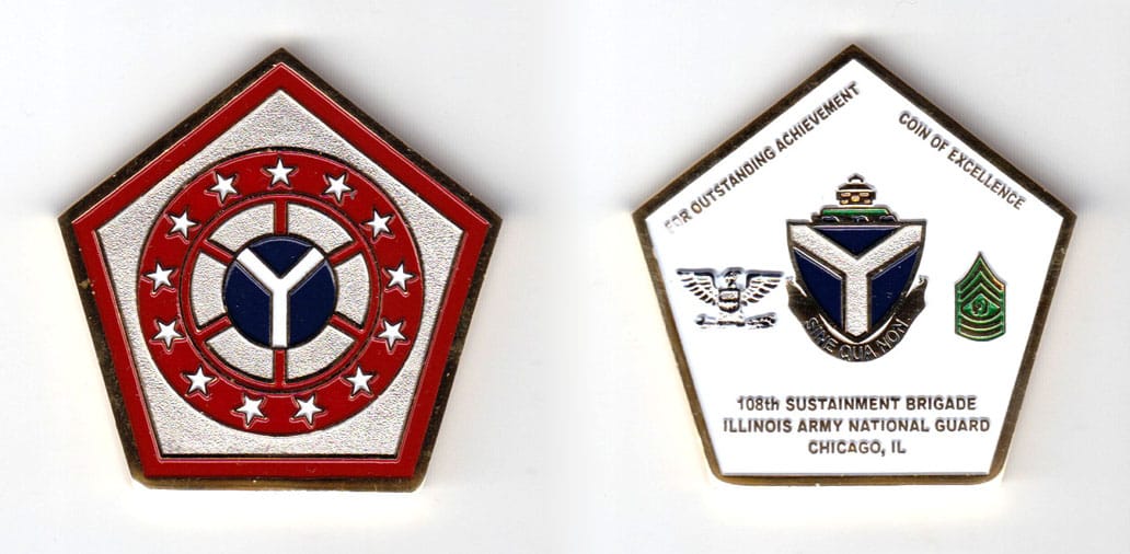 Pentagon shaped coin, brass in color, 1 34 inches high & 1 3/4 inches wide.