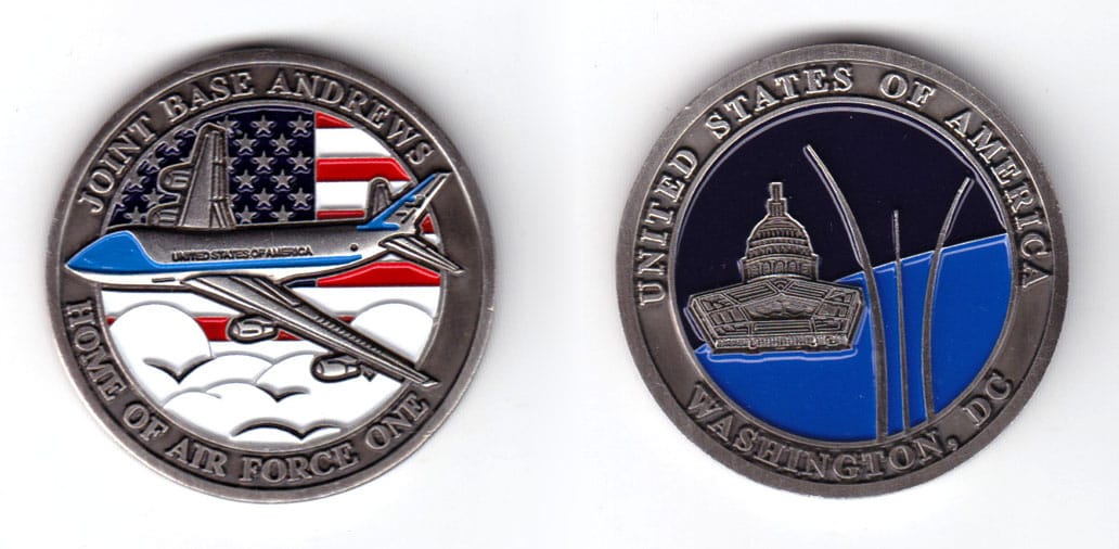 Round shaped coin, Antique pewter in color, 1 3/4 inches in diameter.