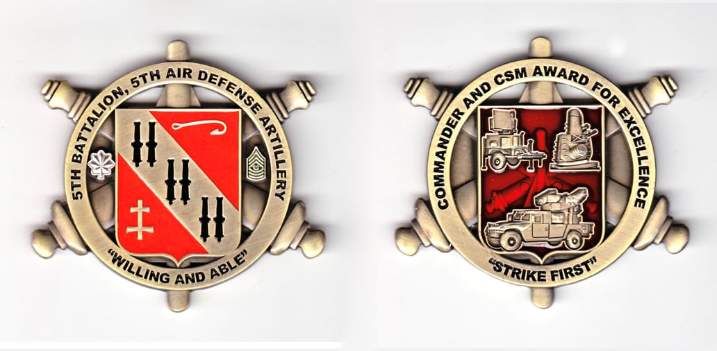 Circular shaped banner with shield inset, and crossed artillery pieces and vertical rocket behind; very antique brass in...