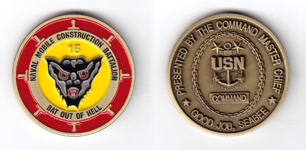 Round shaped coin, brass in color, 1 1/2 inches in diameter.