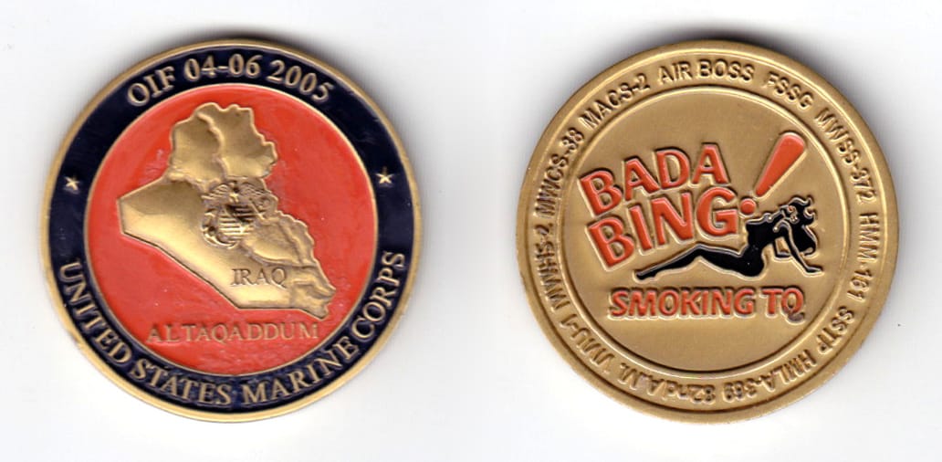 Round shaped coin, brass in color, 1 1/2 inches in diameter.