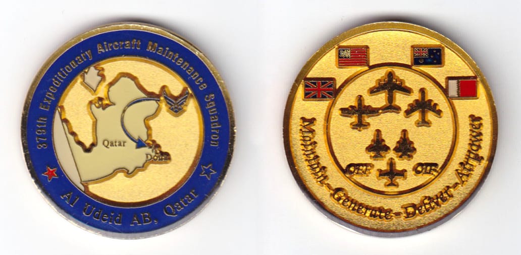 Round shaped coin, brass in color, 1 1/2 inches in diameter.