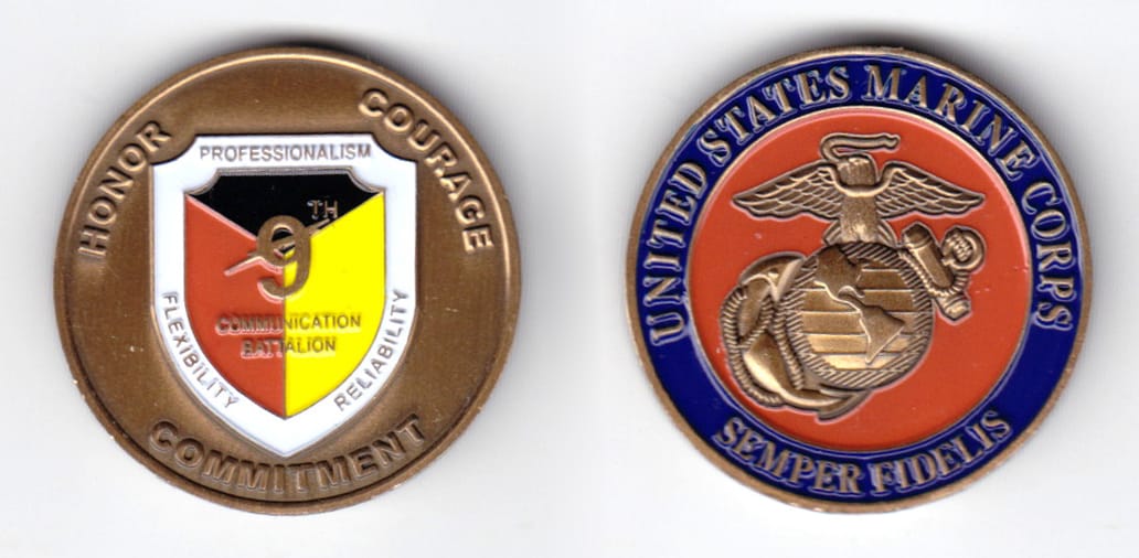 Round shaped coin, antique brass in color, 1 1/2 inches in diameter.