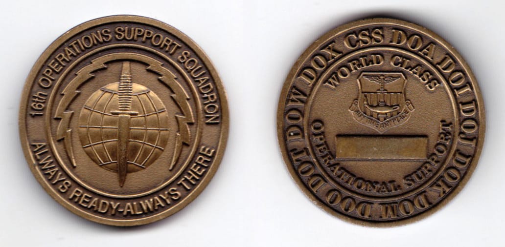 Round shaped coin, antique brass in color, 1 1/2 inches in diameter.