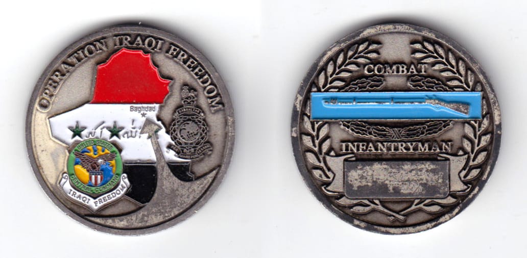 Round shaped coin, antique pewter in color, 1 1/2 inches in diameter.