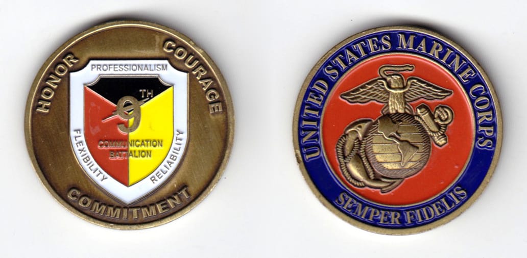 Round shaped coin, antique brass in color, 1 1/2 inches in diameter.