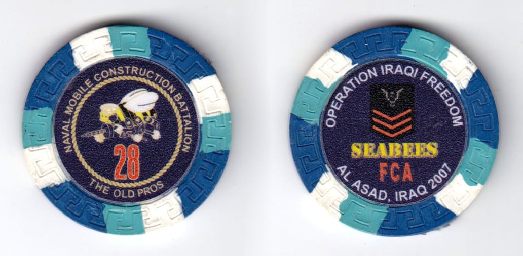 Round shaped poker chip, blue, white and aqua in color, 1 1/2 inches in diameter