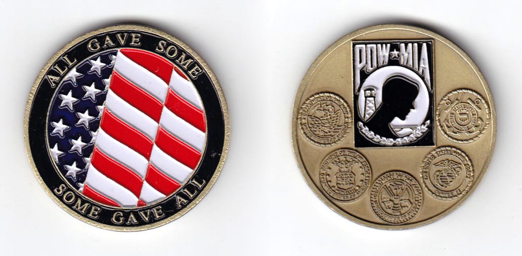 Round shaped coin, antique brass in color, 1 1/2 inches in diameter.