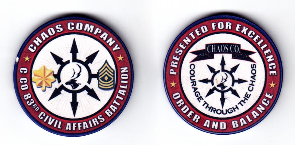 Round shaped poker chip, blue in color, 1 3/4 inches in diameter