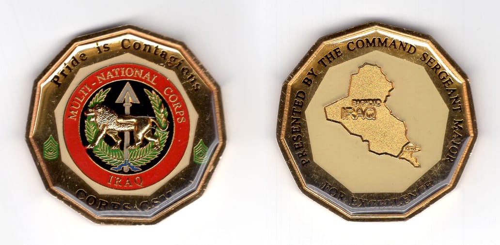 Eleven-sided coin, brass in color, 2 inches high x 2 inches wide.