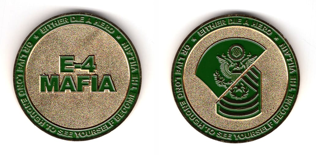 Round shaped coin, brass in color, 2 inches in diameter.