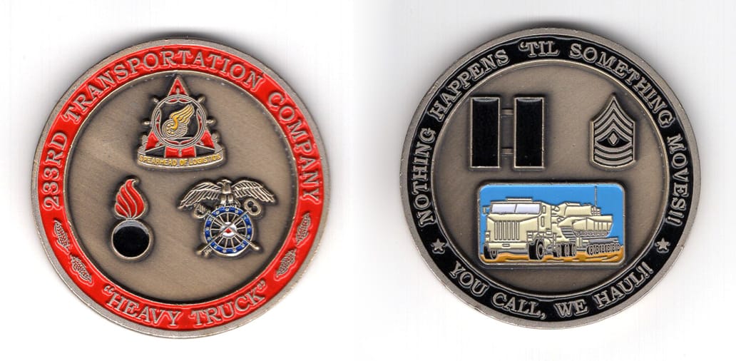 Round shaped coin, antique brass in color, 2 inches in diameter.