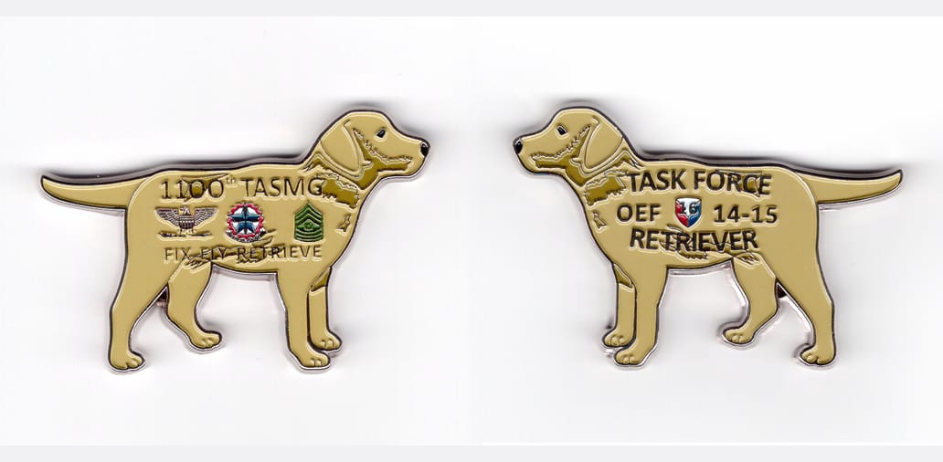 Dog shaped coin, pewter in color, 1 3/4 inches high x 2 1/2 inches wide.