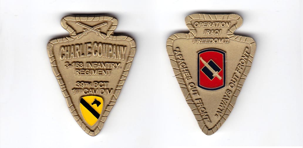 Arrowhead shaped coin, antique brass in color, 2 inches high x 1 1/2 inches wide.