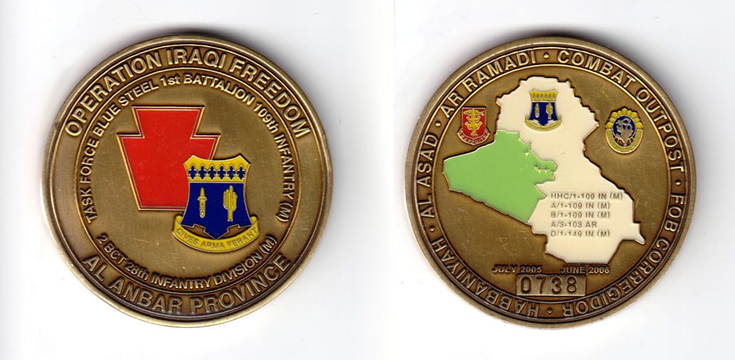 Round shaped coin, brass in color, 2 inches in diameter.